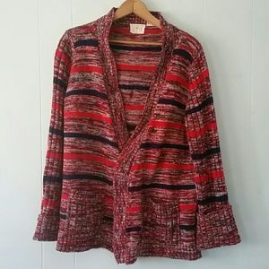 Vintage Cardigan Sweater Red Striped Woven Rustic